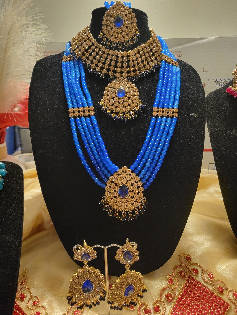 Blue and Gold Multi-Strand Beaded Necklace Set - Brand